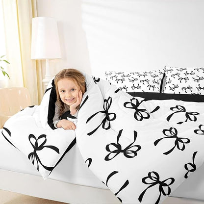 Erosebridal Bowknot Comforter Set Queen Black Watercolor Bow Bedding Set for Kids Teen Adults,Fashion Coquette Bowknot Down Comforter Black White Modern Simple Quilt for All Season