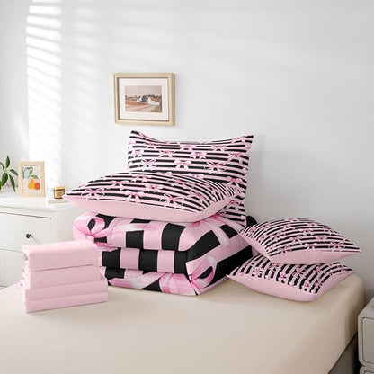 Erosebridal Kawaii Cute Pink Black Girls Bowknot King 7-Piece Comforter Set | Bow Y2K Kids Sheets and Pillowcases Geometric Bed in A Bag Stripe Bed Sets