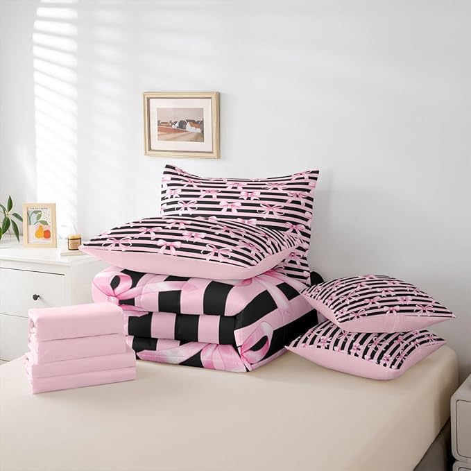 Erosebridal Kawaii Cute Pink Black Girls Bowknot Full Comforter Set 7 Pieces | Bow Y2K Kids Bed in A Bag for Bedroom Geometric Bedding Set with Comforters Stripe Room Decor