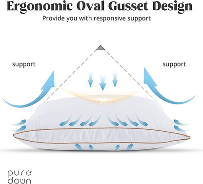 puredown® Natural Goose Down Feather Pillows for Sleeping Oval Gusseted Down Feather Pillow 100% Cotton Pillow Cover with Leaf Quilting Queen Set of 2