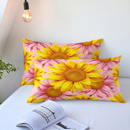 Girls Sunflower Comforter Set Queen Size, Pink Yellow Soft Microfiber Bedding Set, 3 Pcs Cozy Oil Painting Bedroom Decor Quilted for Adult Women, 90"x90"