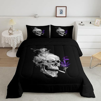Erosebridal Gothic Skull Comforter Set King,Purple Leaves Bedding for Women Men Adults,Tropical Botanical Plant Bedding Comforter Sets,Smoky Skeleton Down Comforter