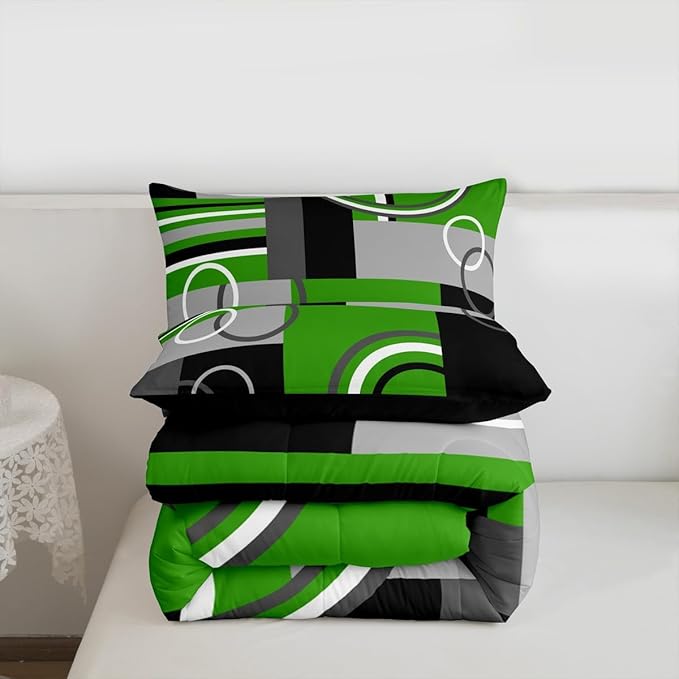 Green Black Grey Bedding Sets King Swirls Plaid Comforter Bedroom Decor Geometric Circle Striped Duvet Insert Modern Creative Quilt Abstract Fashion Color Bedding Comforter Sets All Season
