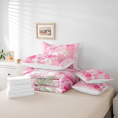 Feelyou Rose Comforter Set Full Size 7 Pieces Rose Floral Flower Bedding Set for All Season Romantic Pink Vintage Garden Flower Bed in a Bag with Comforter, Sheets, Pillowcases & Cushion Cover