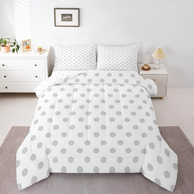 Manfei Gray Polka Dots Comforter Set Queen Size 3 Pcs,Geometric Circles Blue White Simple Art Bedding Set,French Style Dots Cartoon Cute Quilt Set for Young Adults,2 Pillowcases