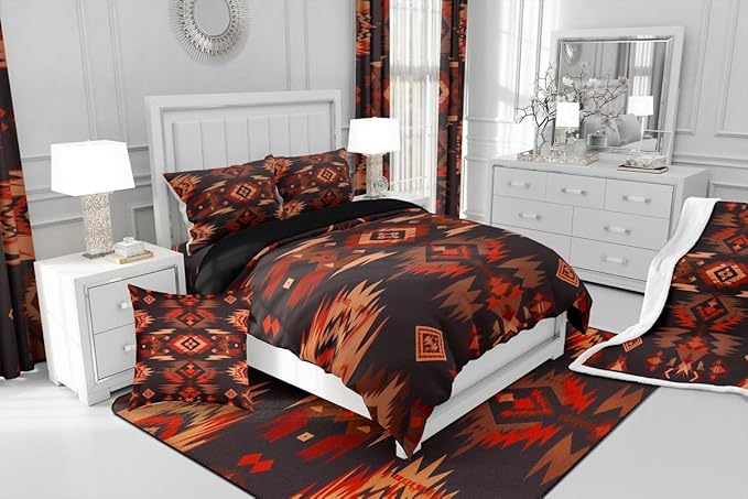 Feelyou Rustic Western Southwestern Comforter Set,Native American Tribal Navajo Bedding Set Full Size,Boys Girls Bedroom Room Decor,Red Black Western Comforter,Farmhouse Bed Set