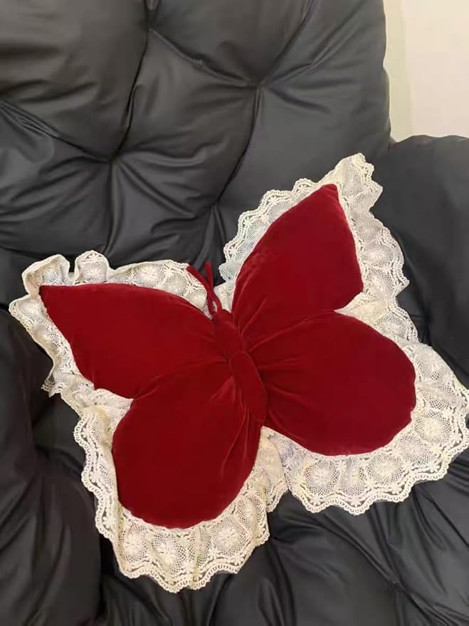 Butterfly Throw Pillow, Butterfly Shaped Decorative Pillow for Sofa Couch Bed, Plush Velvet Lumbar Support Cushion for Office Chair & Car Seat (Red)