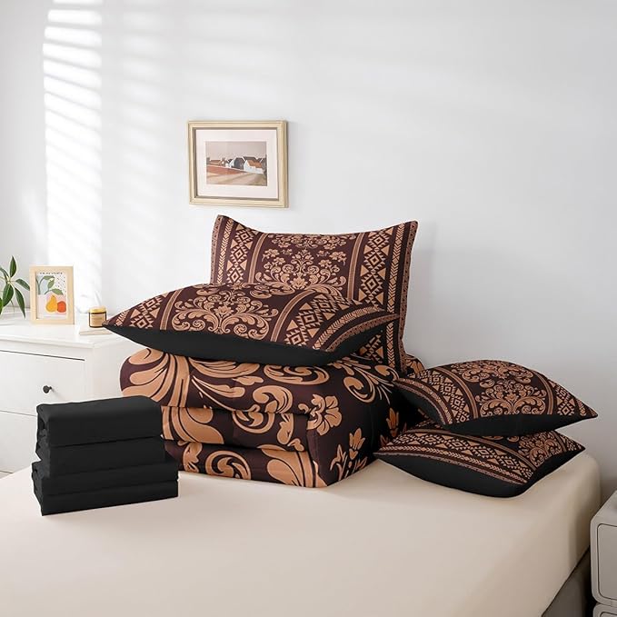 Comforter Set Twin Size, Burnt Sienna Aztec Damask 7 Pcs Bedding for Kids Adults, Victorian Decor Western Baroque Goth Bed Sheet Sets with Fitted Sheet 2 Pillowcases & 2 Shams for Bedroom Bed Decor