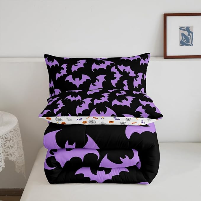 Erosebridal Purple Bat Bedding Set Full Size Halloween Bat Comforter Set Spooky Goth Gothic Animal Bed Sets Horror Halloween Duvet Quilt Sets for Kids Teens Adults