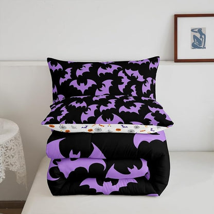 Erosebridal Purple Bat Bedding Set Full Size Halloween Bat Comforter Set Spooky Goth Gothic Animal Bed Sets Horror Halloween Duvet Quilt Sets for Kids Teens Adults