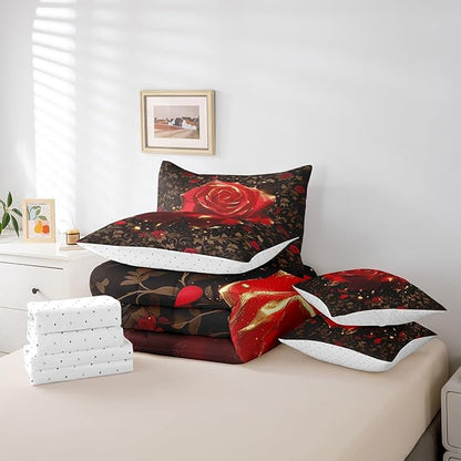 Erosebridal Red and Gold Rose Comforter Set King with Sheets,Romantic Rose Flower Bed in a Bag for Girls Women Couples Bedroom Decor,Botanical Leaf 7 Piece Bedding Set,Valentines Day Wedding Gifts