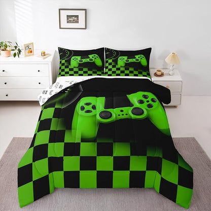 Gaming Comforter for Teen Boys Game Room Decor Bedding Set Kid Girls Gamepad Duvet Insert for All Season Gamer Home Decor Down Comforter Set with Black Green Buffalo Check Plaid Twin Size,1 Pillowcase