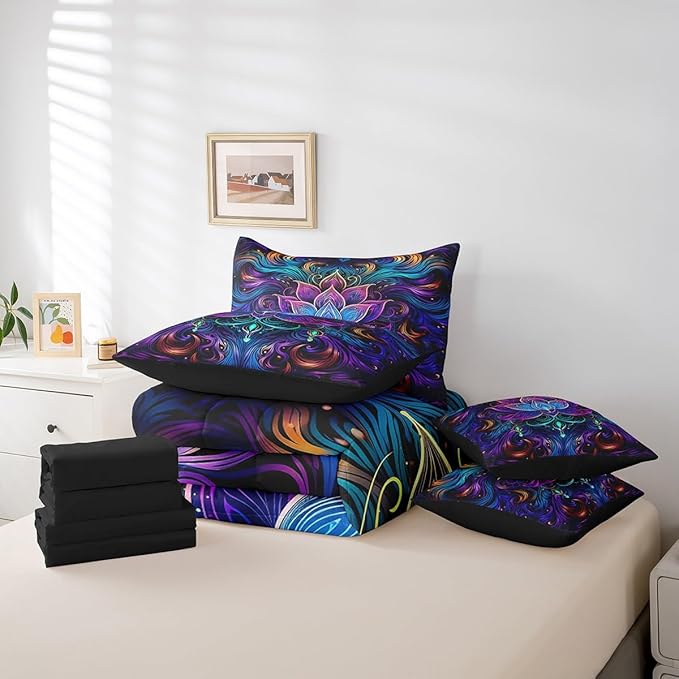 Erosebridal Lotus Bedding Comforter Sets Bohemian Theme Bed in a Bag 7pcs Purple Gradient Bedding Set Tribal Paisley Full Size Comforter Set Girls Flower Bed Set Navy Blue Floral Decor