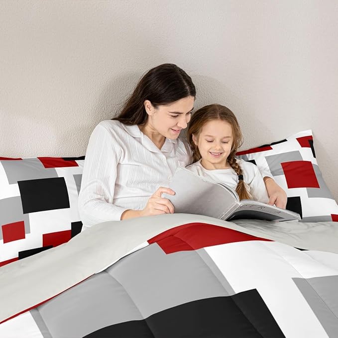 Castle Fairy Red Black White Comforter Set Toddler Size,Geometric Grid Square Splicing Bedding Set for Kids Teens Bedroom,Modern Abstract Down Comforter,2 Pcs 1 Pillowcase