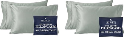 Beckham Hotel Collection Cotton Pillowcases King, 500TC, Sateen Finish, Open End, Breathable, Moisture-Wicking, Aqua Gray (Pack of 2)