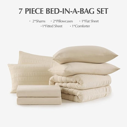 CASAAGUSTO Full Size Comforter Set, 7 Pieces Beige Seersucker Bed in a Bag Full Size Soft All Seasons, Bedding Sets with Comforter, Flat Sheet, Fitted Sheet, 2 Pillow Shams, 2 Pillowcases