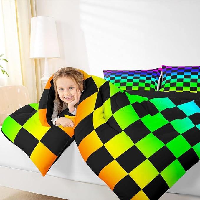 Feelyou Multicolored Checkered Retro Kids Comforter Set Twin Size Geometric Vintage Bedding Set Colorful Duvet Quilt for Kids Boys Girls Bedroom Modern Groovy Aesthetic Decor