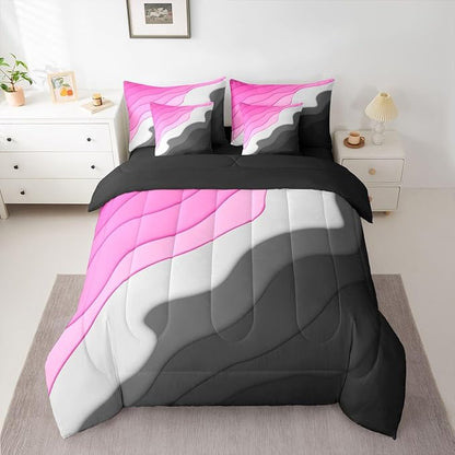 Pink Grey Black Ombre Bedding Comforter Sets 7pcs Kids Teens Adults Geometric Stripe Bed in a Bag, Aesthetic Wave Twin Bedding Sets Modern Abstract Comforter Set, Gradient Bedding Sets & Collections