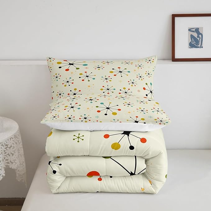 Erosebridal Modern Mid Century Comforter Full Retro Atomic Bedding Set, Rainbow Grid Down Comforter Vintage Fifties 1950s Bed Set, Aesthetic Abstract Art Quilted Duvet Beige 3pcs