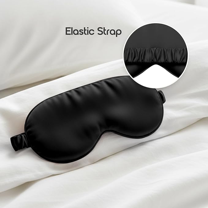 Silk Eye Mask for Sleeping 100% Mulberry Silk Women Men Blindfold,3D Luxury Travel Smooth Elastic Strap Eye Masks Breathable Cooling Soft Night Sleep Work Eyeshade Cover,Black