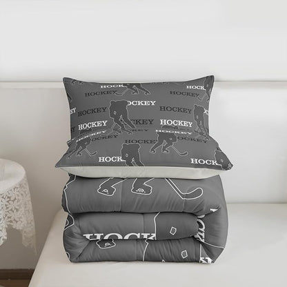Manfei Hockey Players Kids Comforter Set Queen Size, Bedding Set,Girls Boys Room Decor,Ball Activity Game Quilt Comforter,Gray Duvet Set Bedroom Quilt Set,2 Pillowcases