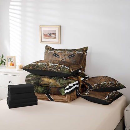Camo Comforter Set 7 Piece Bed in a Bag Twin | Lake Paddle Bedding Sets Mens Country Comforter and Sheet Set, Woodland Animals Farmhouse Bed Sets,Camouflage Cabin Hunting Decor Camo Bed Set
