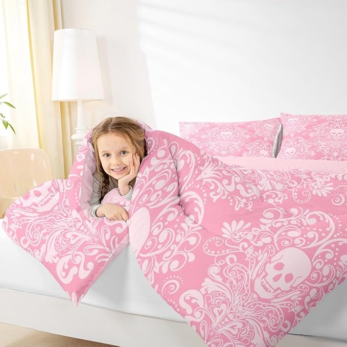 Feelyou Adults Gothic Skull Bedding Set Full Size Kids Damask Print Comforter Goth Bohemian Duvet Breathable Soft Lightweight Microfiber Pink White Room Decor with 2 Pillowcases