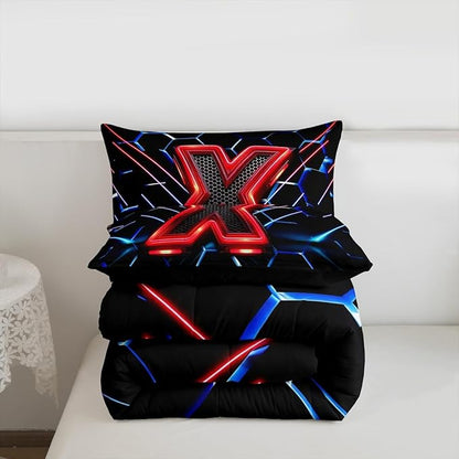 Manfei Geometric Honeycomb Kids Comforter Set Twin Size,Blue Neon Hexagon Abstract Bedding Set for Boys Girls Man Room Decor,Light Gaming Fashion Down Comforter,Red Black Duvet Insert,1 Pillowcase