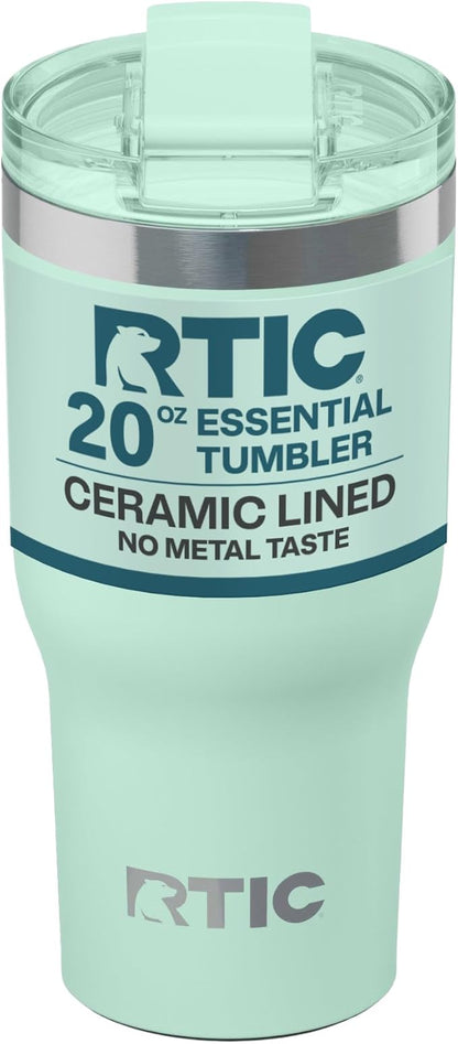 RTIC 20oz Essential Tumbler with Lid, Ceramic Lined, Insulated, Stainless Steel, Metal, Double Wall Vacuum-Insulation, Travel Cup for Iced Coffee, Tea, Hot and Cold Drink, Fresh Mint