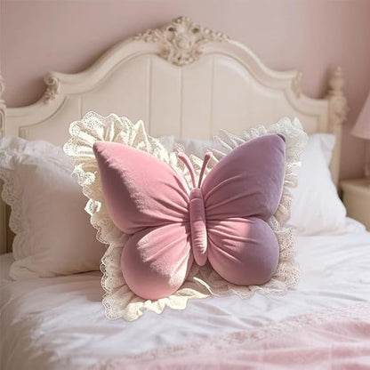 Butterfly Throw Pillow, Butterfly Shaped Decorative Pillow for Sofa Couch Bed, Plush Velvet Lumbar Support Cushion for Office Chair & Car Seat (Pink)