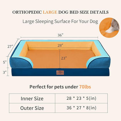 Comfort Expression Orthopedic Dog Bed for Large Dogs 36x27 Inch, Waterproof Egg Crate Foam Large Pet Bed with Removable Bolsters, Dog Couch with Washable Cover & Non-Slip Bottom, Golden Harbor