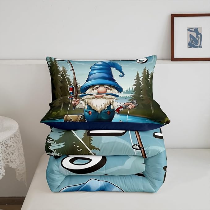 Erosebridal Fishing Gnome King Comforter Set,Fisherman and Fish Bedding Sets for Kids Boys Men,Fishing Lake House Quilt Bed Set,Rustic Country Gnomes Bedroom Decor,2 Pillowcases Breathable