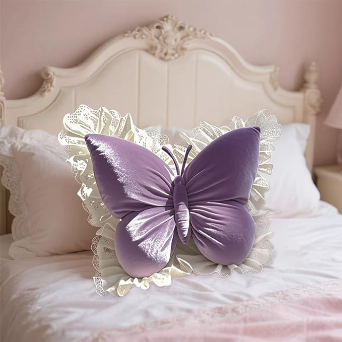 Butterfly Throw Pillow, Butterfly Shaped Decorative Pillow for Sofa Couch Bed, Plush Velvet Lumbar Support Cushion for Office Chair & Car Seat (Purple)
