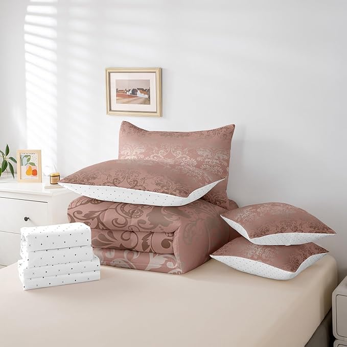 Erosebridal Gothic Damask Comforter Set 7 Piece Bed in a Bag Twin,Exotic Moth Bedding Sets Light Pink Victorian Floral Goth Sheet Set with Comforter