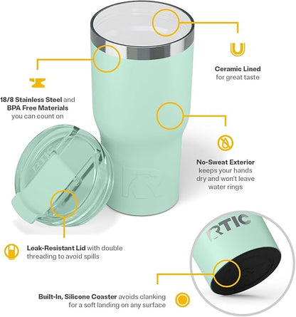 RTIC 20oz Essential Tumbler with Lid, Ceramic Lined, Insulated, Stainless Steel, Metal, Double Wall Vacuum-Insulation, Travel Cup for Iced Coffee, Tea, Hot and Cold Drink, Fresh Mint