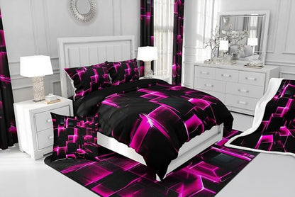 Erosebridal Honeycomb Square Comforter Set for Kids Girls 3D Geometric Square Bedding Full, Pink Black Neon Lights Bedding Sets, Gradient Print Duvet Insert with 2 Pillow Cases