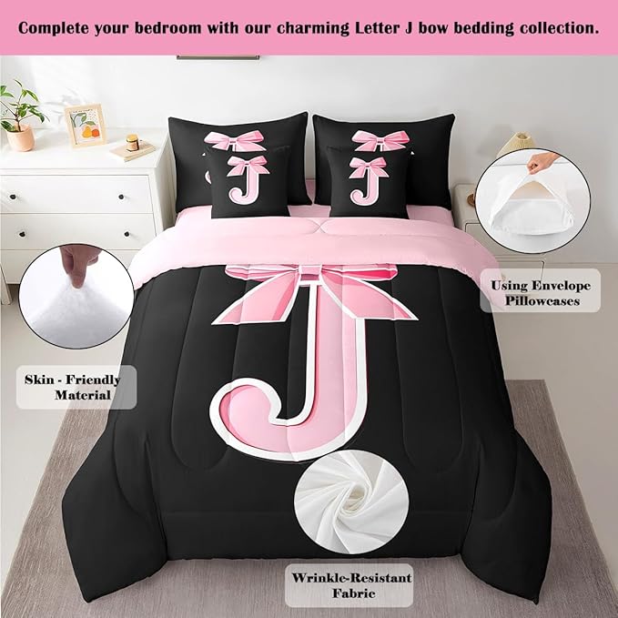 jejeloiu Kids Girls Black Pink Bow Comforter Set with Sheets King Size Monogrammed 7 Piece Bedding Set Personalized Initial J Bed in a Bag with Comforter,Sheets,Pillowcases Modern Fashion Bed Set