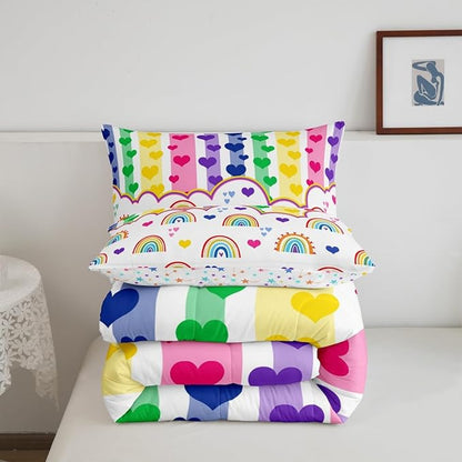 Manfei Cute Rainbow Kids Comforter Set Toddler Size,Watercolor Love Heart Dreamy Bedding Set,Girls Women Room Decor,Colorful Geometric Stripes Patchwork Down Comforter,Chic Duvet Insert,1 Pillowcase