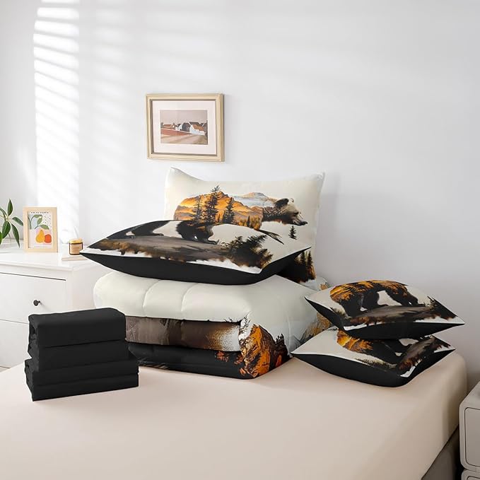 Rustic Kids Comforter Set King, Forest Bear Bedding for Adults, Farmhouse Animal Print Bedding Sets for Teen Boys Country Cabin Decor Woodland Bear Wildlife Bed Set Bedroom Decor 7 Pieces