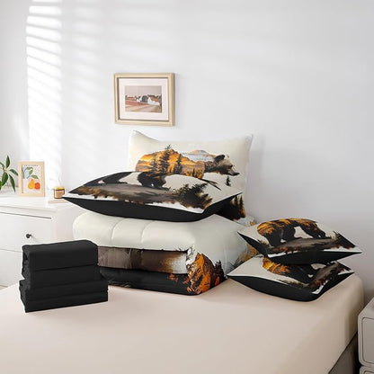 Rustic Kids Comforter Set Twin, Forest Bear Bedding for Adults, Farmhouse Animal Print Bedding Sets for Teen Boys Country Cabin Decor Woodland Bear Wildlife Bed Set Bedroom Decor 7 Pieces