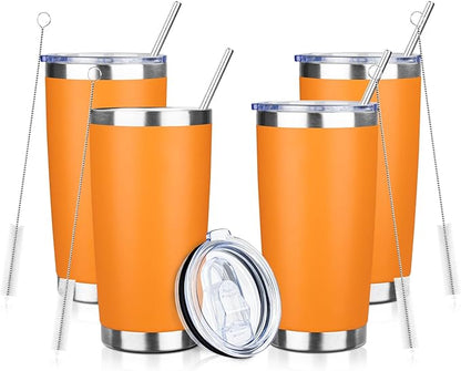 20oz Tumbler with Straw and Brush, Stainless Steel Vacuum Insulated tumbler, Double Wall Insulated Coffee Tumbler for Outdoor, Home, Travel,Office (Orange,4pcs)