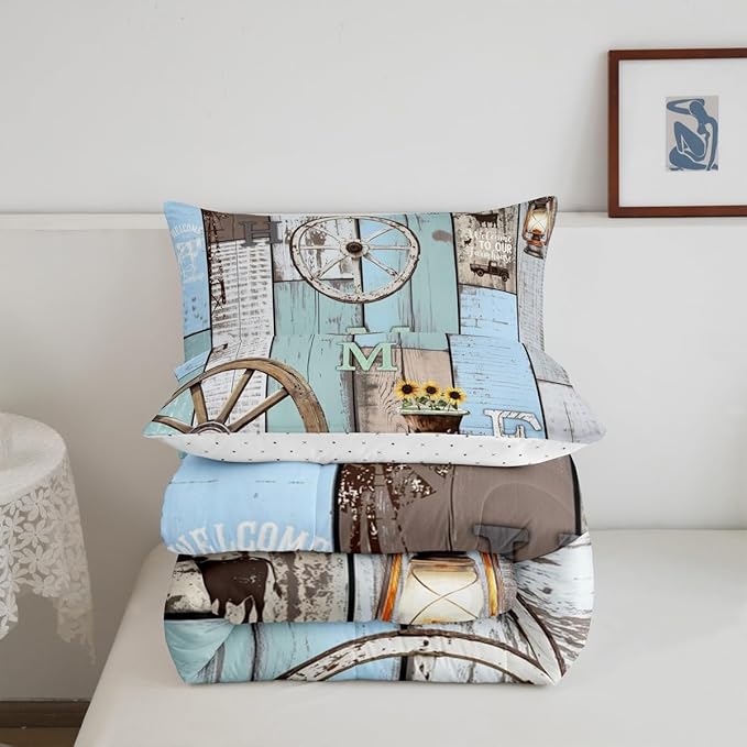 Rustic Farmhouse Bedding Sets For Cabin Lodge Western Country Comforter Set Retro Barn Door Wheel Windmill Quilt Set Full,Farm Animal Sunflower Planks Duvet Insert Blue Grey Brown 2 Pillow Cases