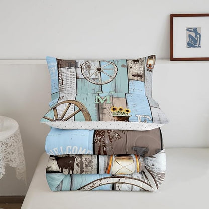 Rustic Farmhouse Bedding Sets For Cabin Lodge Western Country Comforter Set Retro Barn Door Wheel Windmill Quilt Set Full,Farm Animal Sunflower Planks Duvet Insert Blue Grey Brown 2 Pillow Cases