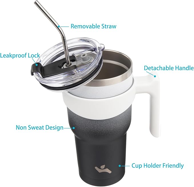 30 oz Tumbler with Handle and 2 Straw 2 Lid, Insulated Water Bottle Stainless Steel Vacuum Cup Reusable Travel Mug,Day Night