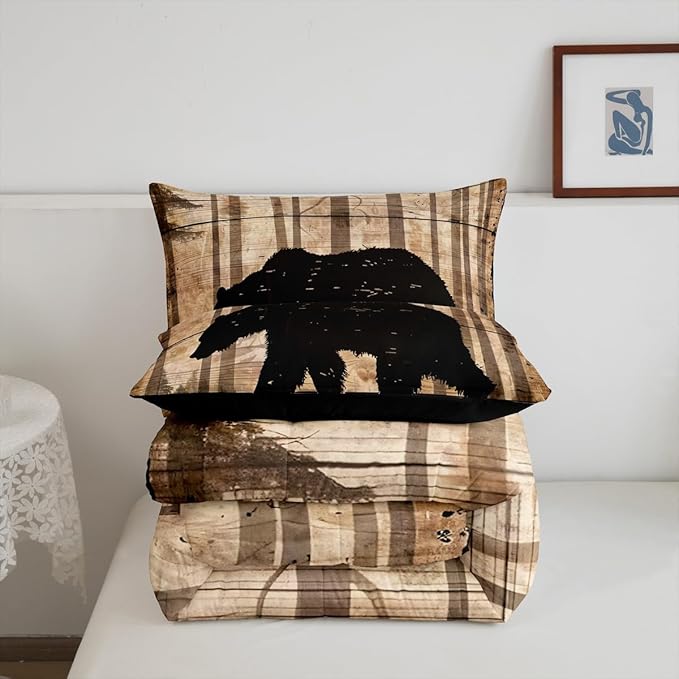 Feelyou Western Rustic Bear Comforter Set Toddler, Wildlife Hunting Quilt Set with 1 Pillowcases, Forest Animal Hunting Bedding Set 2pcs Kids Boys Teens Room Decor, Wooden Board Farmhouse Duvet Insert