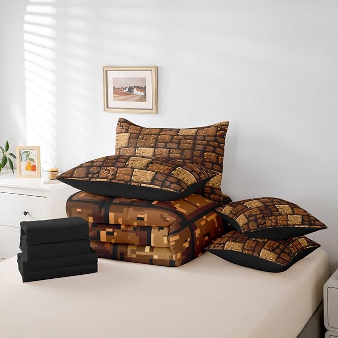 Castle Fairy Brown Stone Wall 7 Piece Comforter & Sheet Sets King Size,Pixel Style Bedding Set Splicing Grid Block Bed in a Bag Video Games Flat & Fitted Sheets,4 Pillow Covers