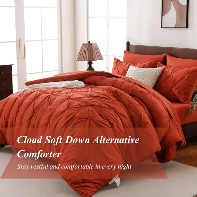 Sheet&Joy King Size Comforter Set, 7-Piece Bed in a Bag, Pintuck Bedding Set for All Season, Includes Comforter, Flat Sheet, Fitted Sheet, Pillowcases and Pillowshams, Orange