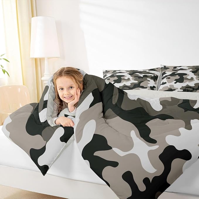 Camouflage Comforter Set Grey Camo Bedding Sets King Size Militarily Army Down Comforter For Boys Teens Men Adult Tie Dye Retro Geometric Warm Soft Quilted Duvet 3Pcs Bedroom Decor, All Season