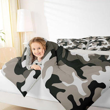 Camouflage Comforter Set Grey Camo Bedding Sets Queen Size Militarily Army Down Comforter For Boys Teens Men Adult Tie Dye Retro Geometric Warm Soft Quilted Duvet 3Pcs Bedroom Decor, All Season