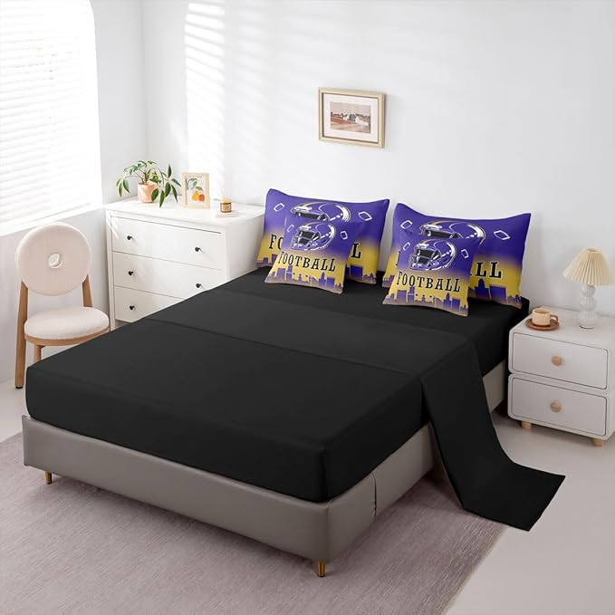 Erosebridal Kids Football Bed in A Bag Queen American Soccer City 7 Pcs Bedding Set for Boys Girls,Sports Rugby Navy Blue Comforter Set with Sheets Chic City Silhouette Ball Games Bed Set